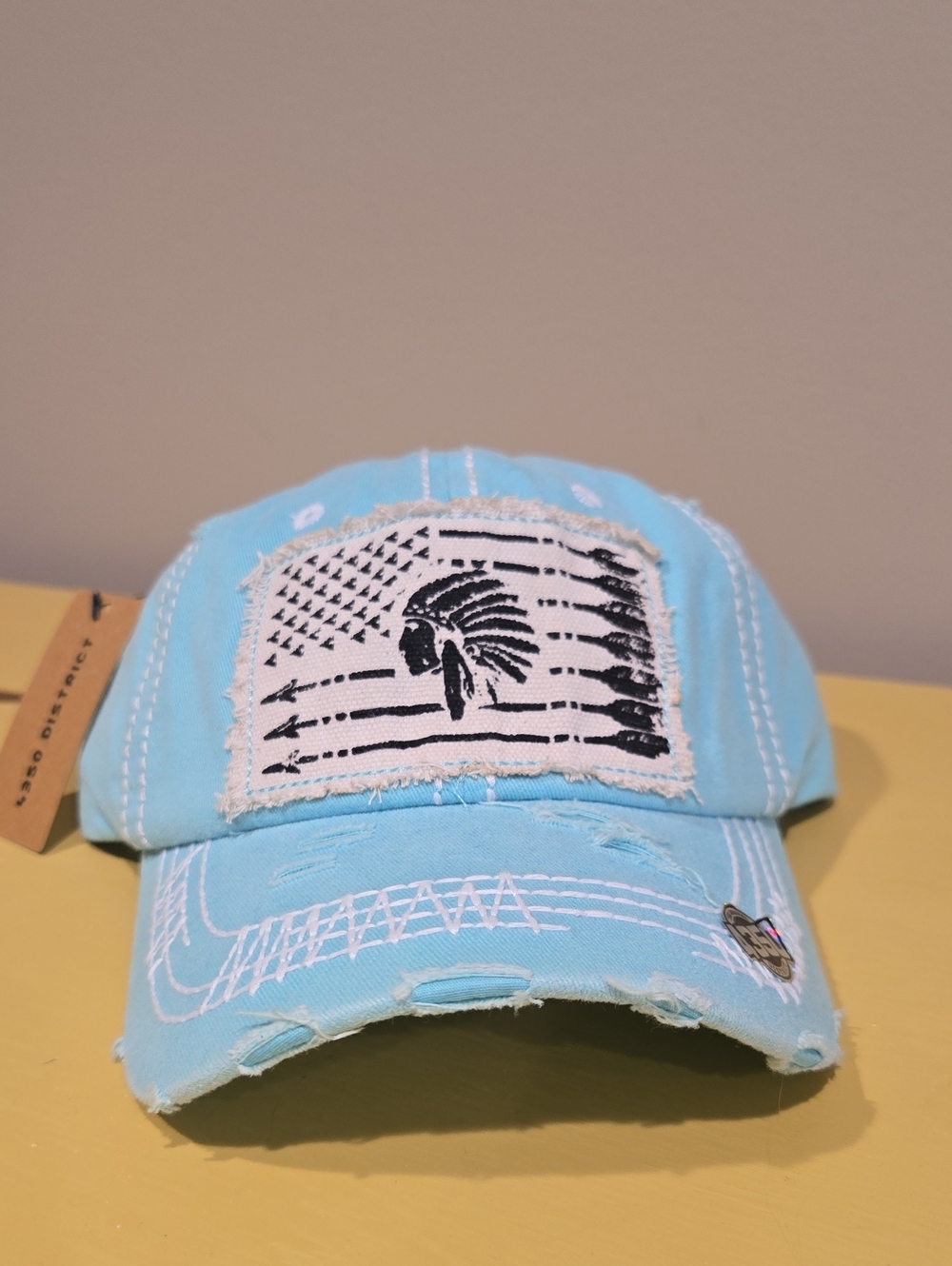 Distressed Light Blue Baseball Cap with Patch